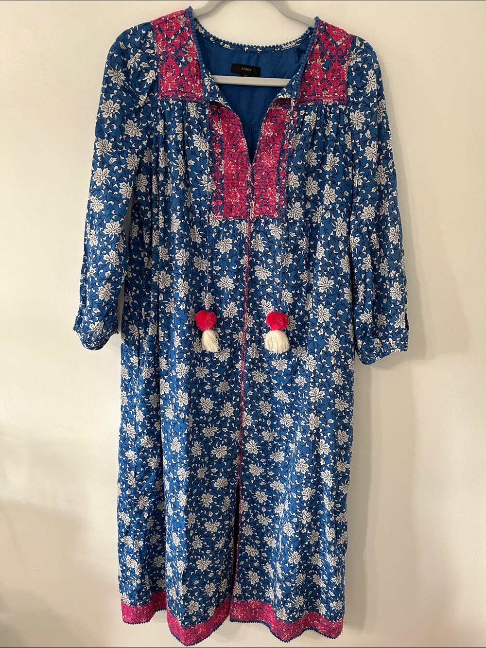 J. Crew Kaftan Floral Tassel Maxi Dress Women's XS Blue With Pink Embroidery